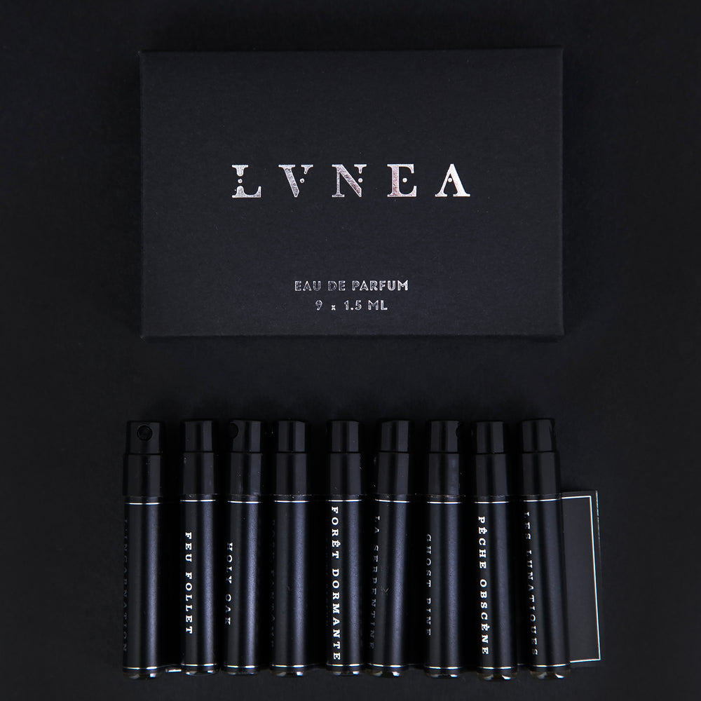 
                      
                        Black cardboard box containing all 9 LVNEA Eau de Parfum sample vials
                      
                    