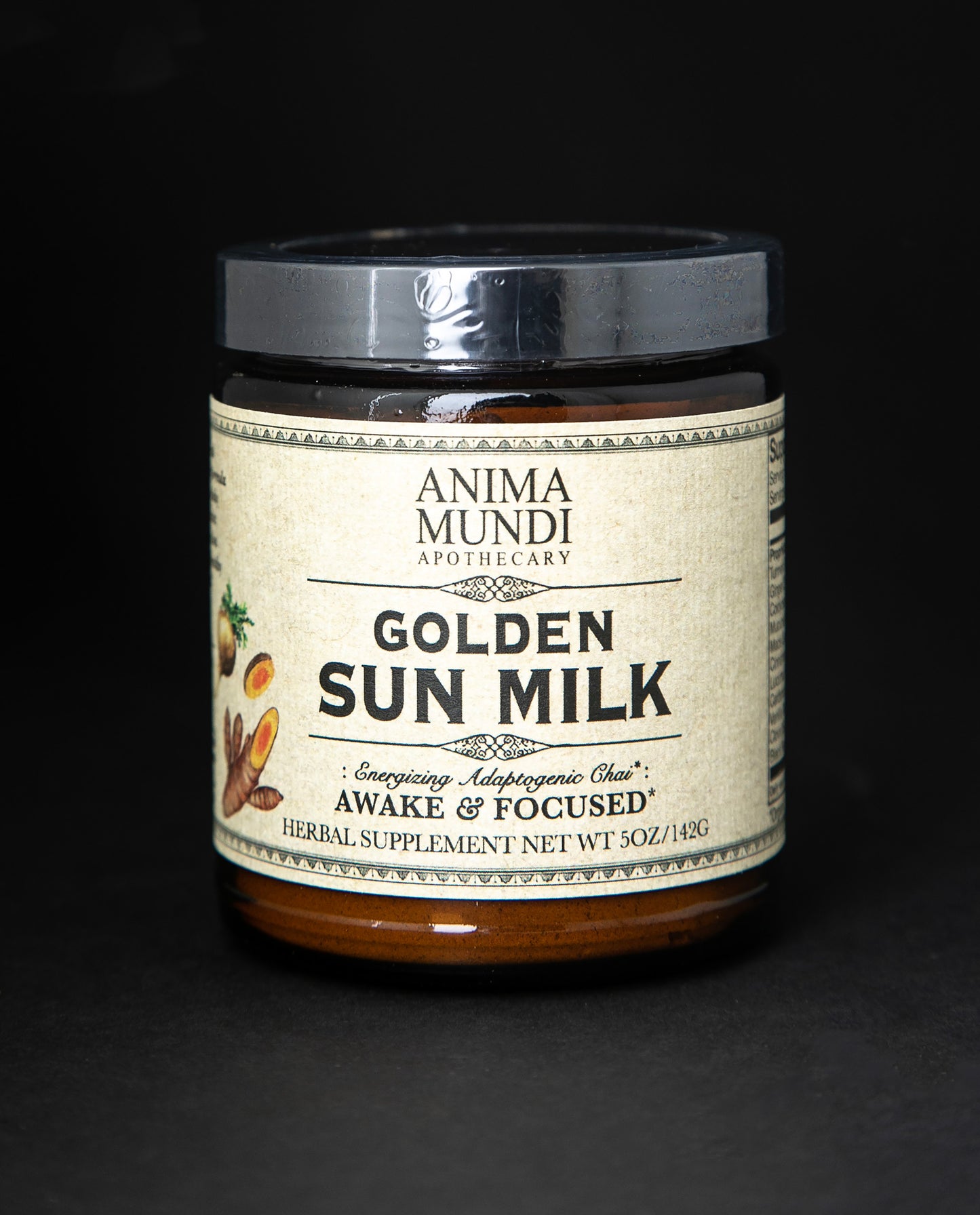 Amber glass jar with black lid and tan label. The jar contains Anima Mundi's "Golden Sun Milk" herbal supplement.