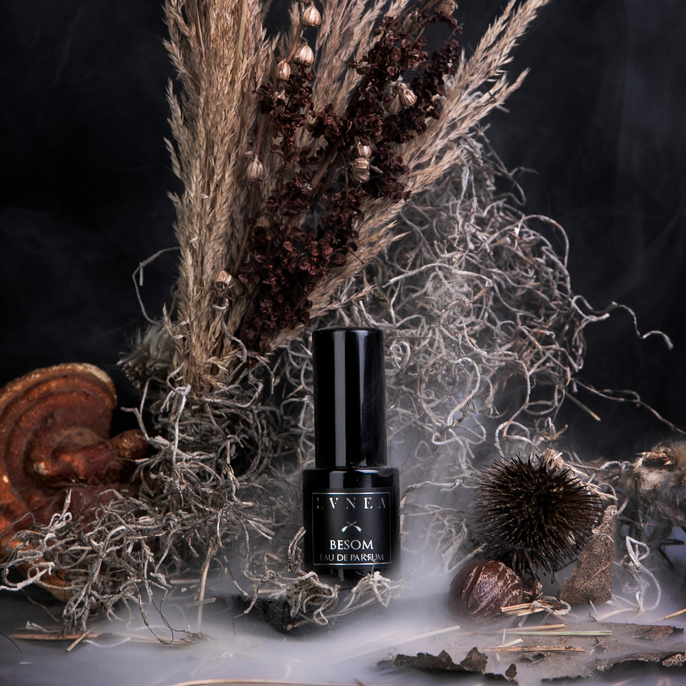 A 15ml black glass bottle of LVNEA's limited-edition eau de parfum "Besom", standing in front of a bouquet of dried grasses and brown botanicals, smoke weaving through the scene.