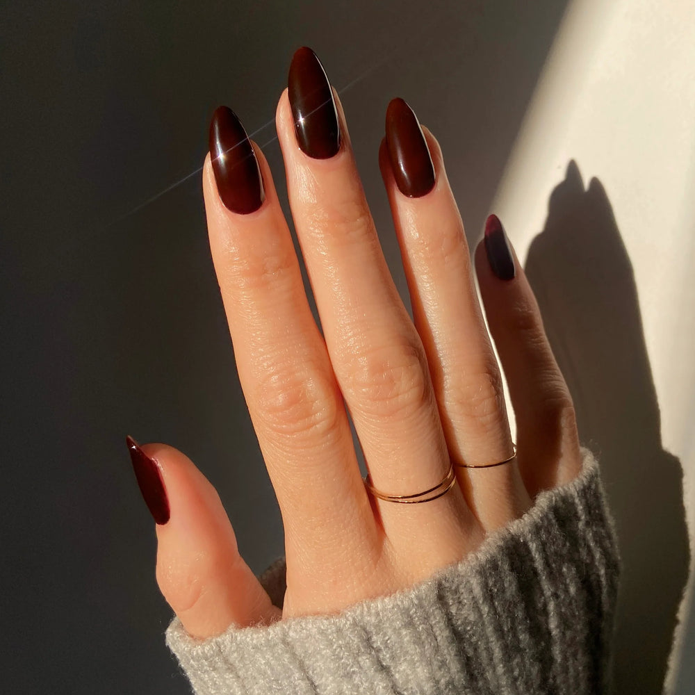 
                      
                        Close up of nails painted with Death Valley Nails "cherries composted" nail polish
                      
                    