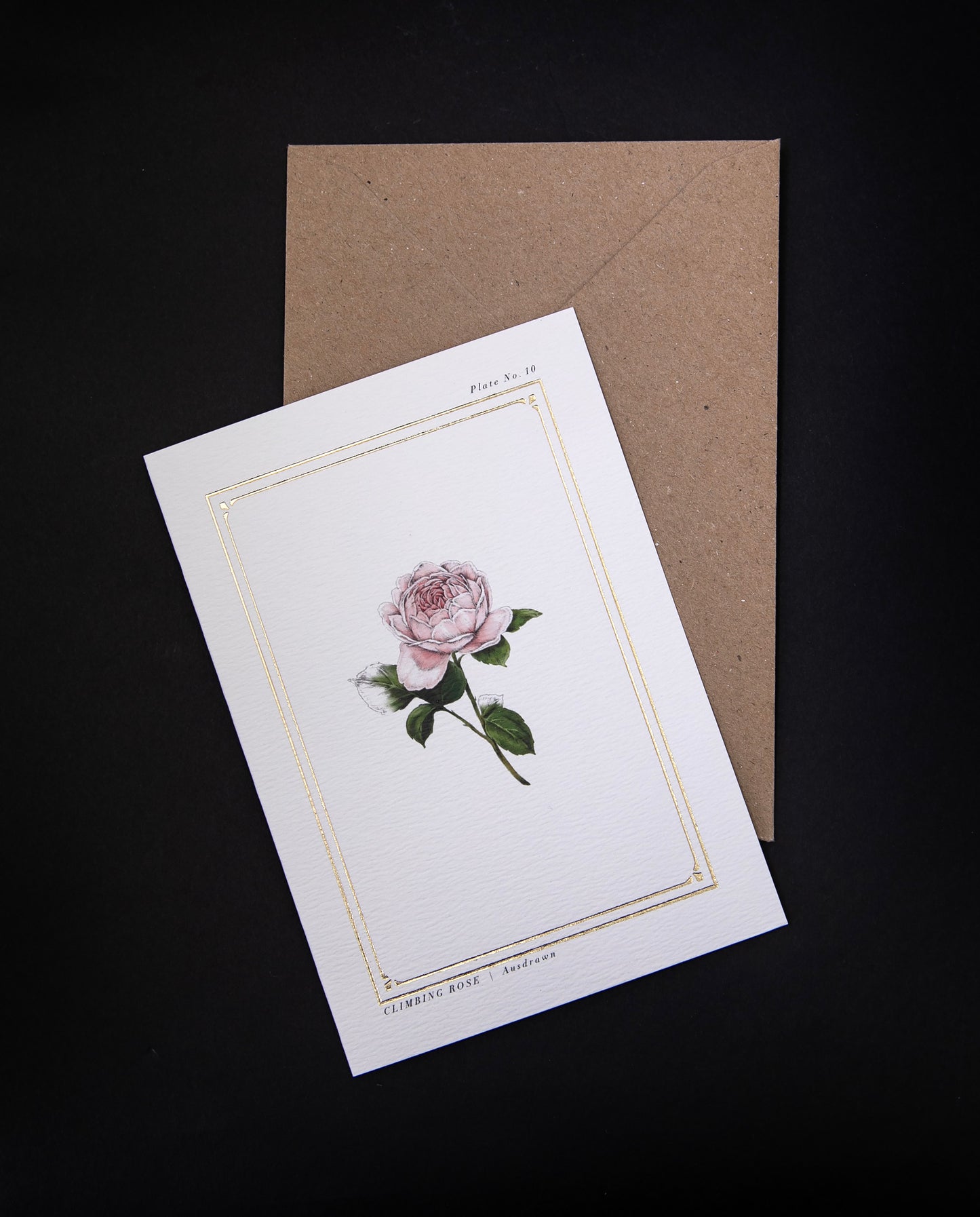 white greeting card and kraft envelope against a black background