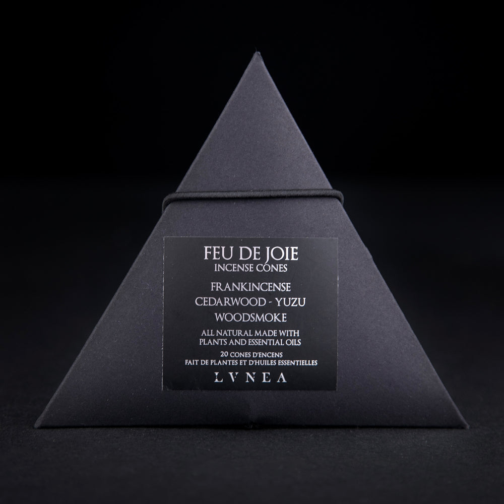 
                      
                        A closed black paper pyramid box of LVNEA's 'Feu de Joie' incense. The black label on the box reads "Feu de Joie Incense Cones: Frankincense, Cedarwood, Yuzu, Woodsmoke" in silver foil
                      
                    