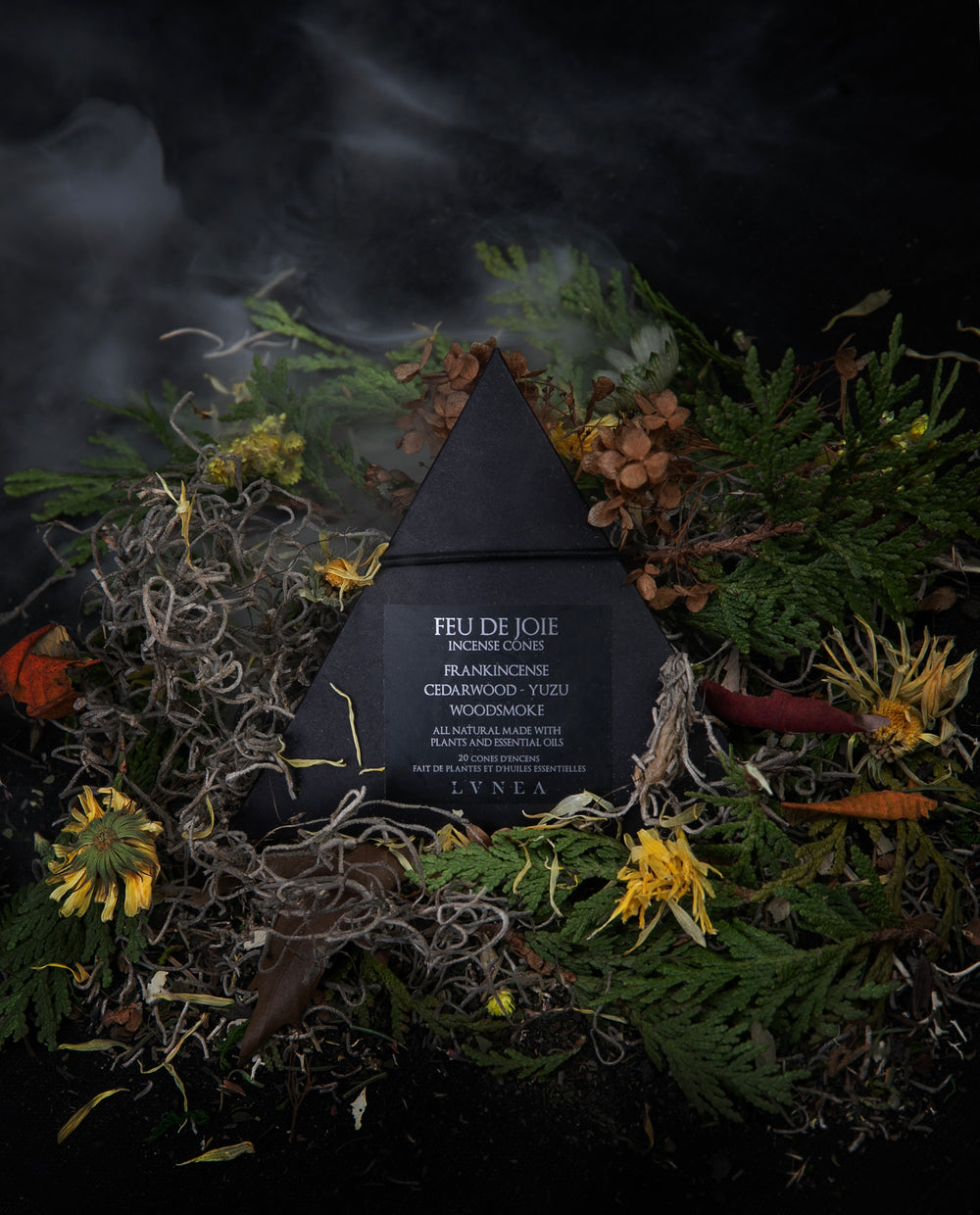 Closed box of LVNEA's 'Feu de Joie' incense sitting on a bed of moss and dried red and yellow botanicals on a black background, with a wisp of smoke in the back.