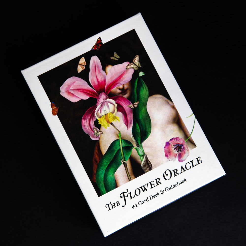 
                      
                        Box of Brocolli's "The Flower Oracle" deck sitting on black background, with a collage of floral botanical illustrations on the cover.
                      
                    