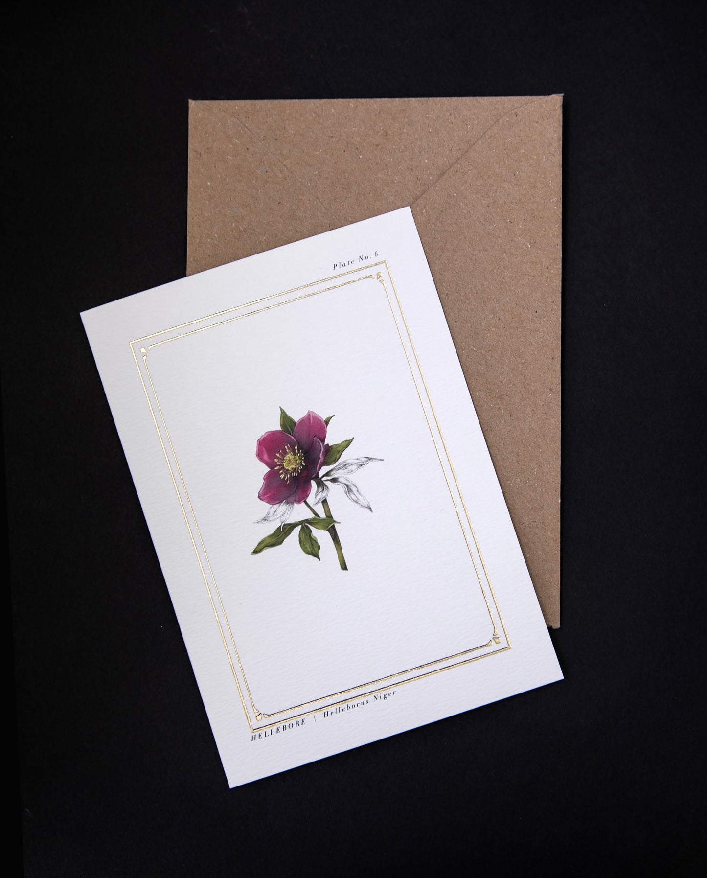 white card and kraft envelope against black background