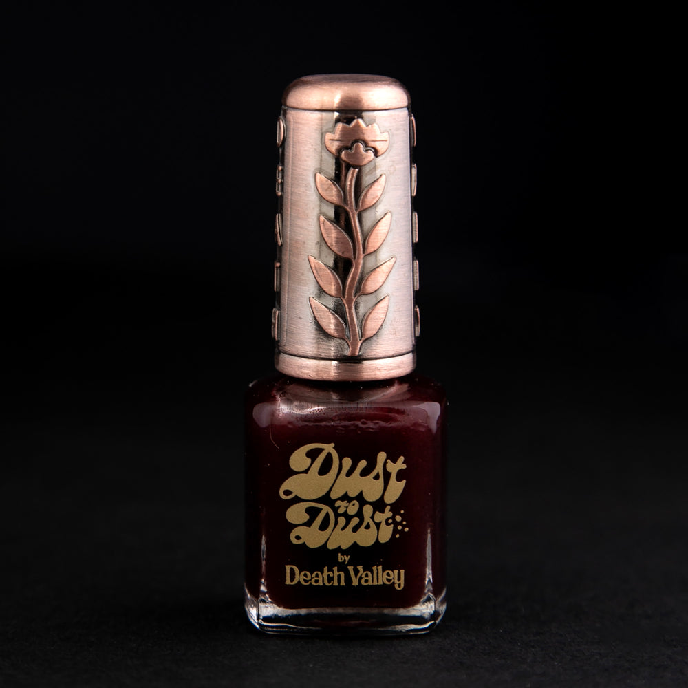 
                      
                        "Hibiscus Flower & Beet Root" nail polish by Death Valley Nails. The polish is a deep oxblood colour.
                      
                    