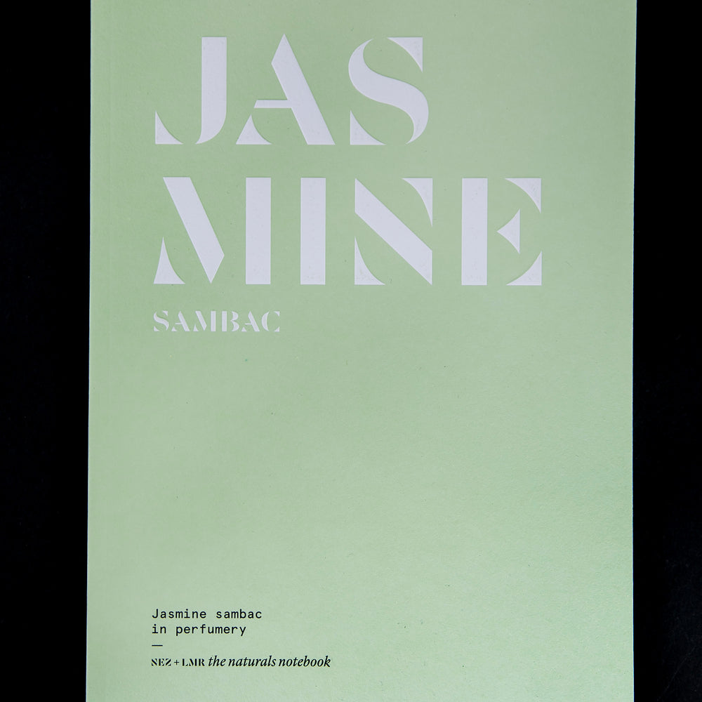 "Jasmine Sambac in Perfumery" book on black background. The cover is light mint green and reads "JASMINE" in bold white letters