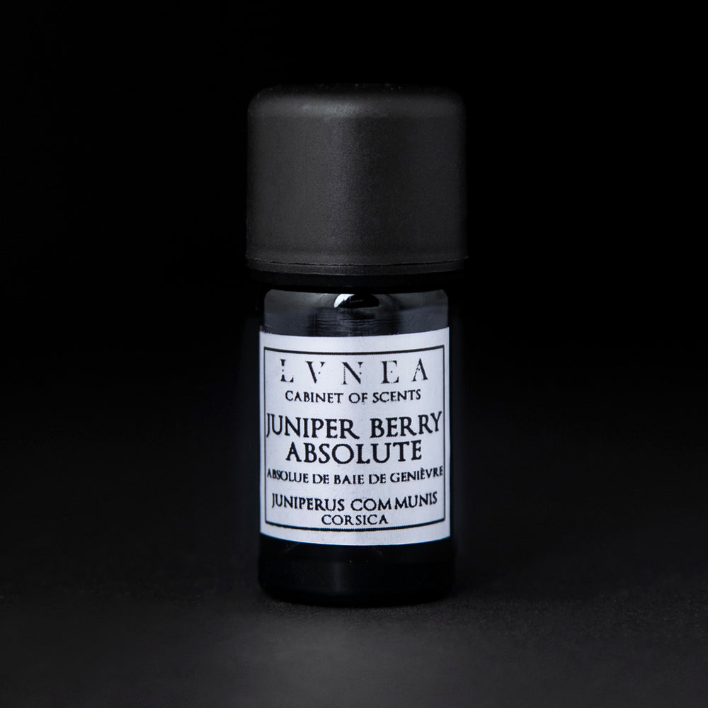 5ml black glass bottle of LVNEA's Juniper Berry Absolute on black background. The label on the bottle is silver.