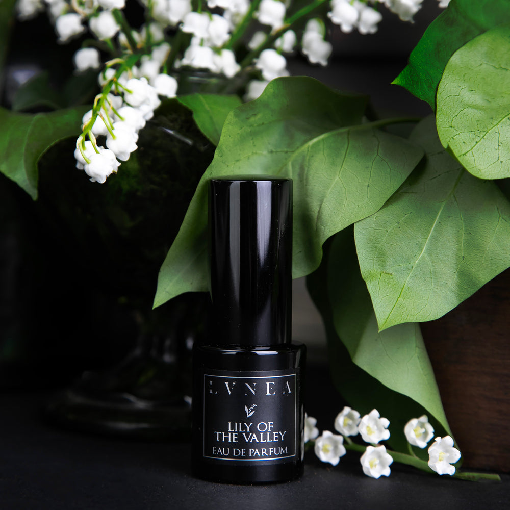 
                      
                        15ml black glass bottle of LVNEA's limited edition Lily of the Valley perfume, against a black background, surrounded by fresh lily of the valley and greenery
                      
                    