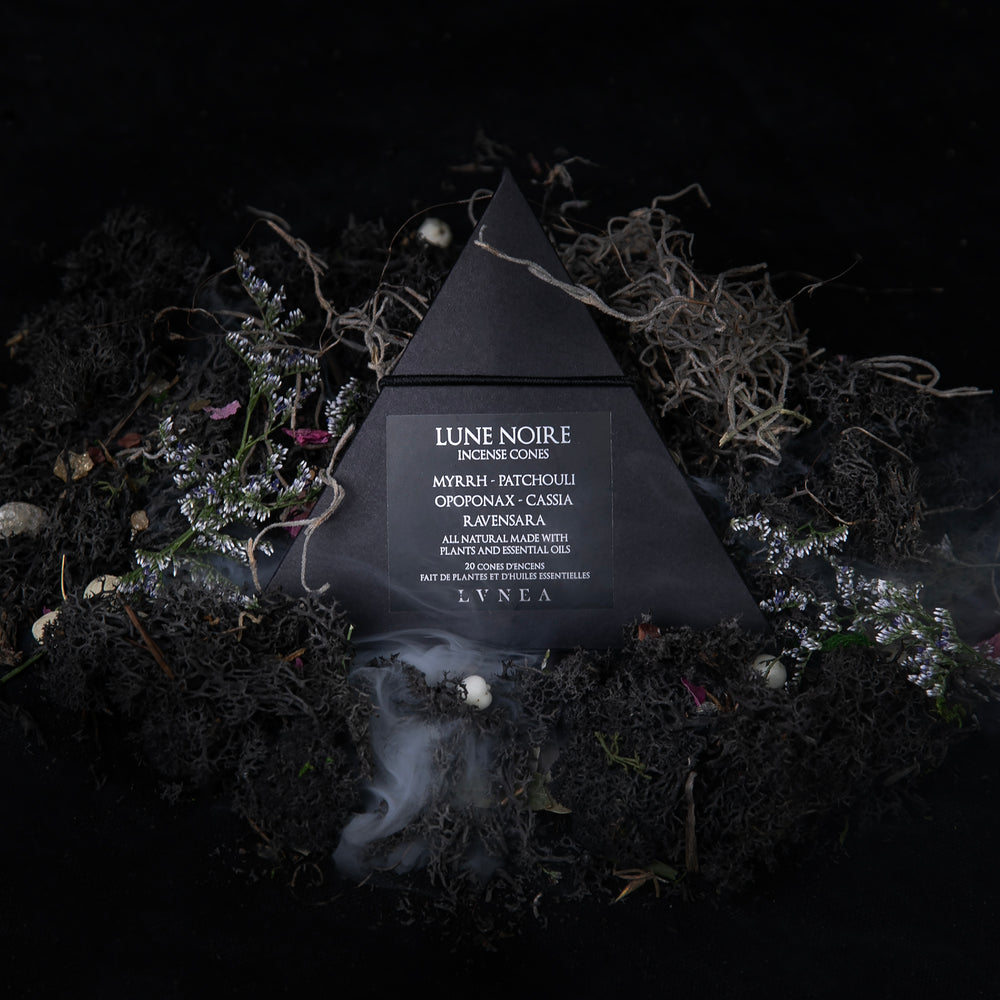 Closed box of LVNEA's 'Lune Noire" incense sitting on a bed of moss and dried florals on a black background, with a wisp of smoke in the foregroud