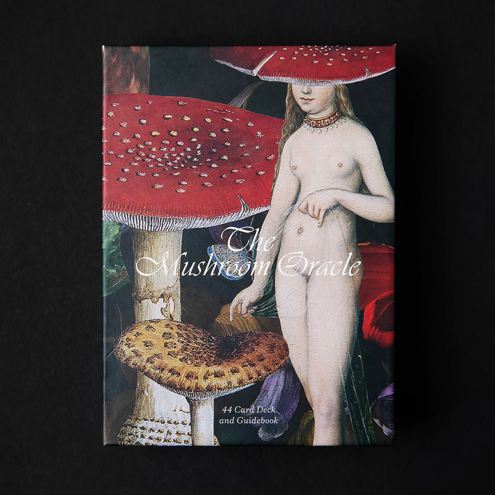 
                      
                        Box containing Broccoli's "The Mushroom Oracle" deck of oracle cards. There is a collage of amanita muscaria mushrooms surrounding a nude body on the cover.
                      
                    