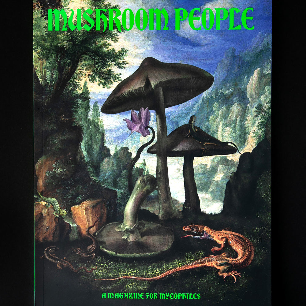 A copy of "Mushroom People" magazine on black background. The cover features a collage of vintage botanical illustrations of mushrooms, lizards and botanicals in a naturalistic forested mountain setting.