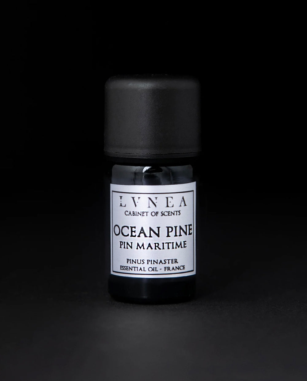 5ml black glass bottle of Ocean Pine essential oil against a black background