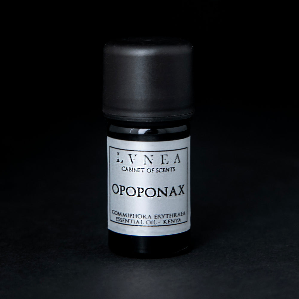 
                      
                        5ml black glass bottle of LVNEA's opoponax essential oil on black background. The bottle has a silver label.
                      
                    