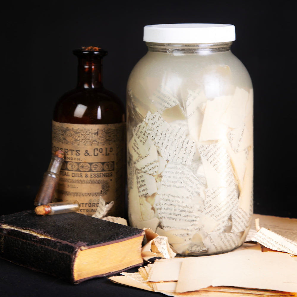 
                      
                        Still life of a large glass bottle of paper tincture, surrounded by torn pages of old books, sitting against a black background
                      
                    