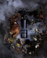 A 15ml black glass bottle of LVNEA's limited-edtion perfume "Ronds de Sorcières" seen from above, nestled in the centre of a circle of moss, mushrooms, and dried botanicals with dense smoke billowing around.