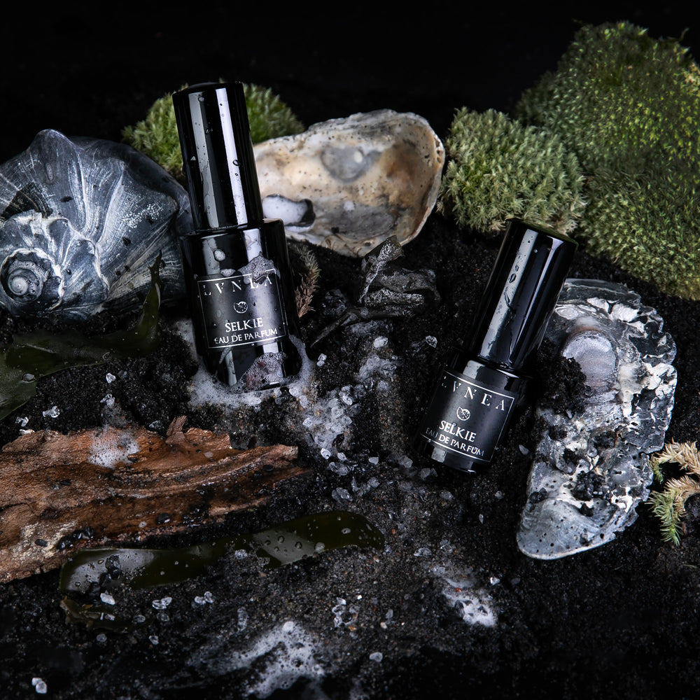 30ml and 15ml black glass bottles of limited edition "Selkie" eau de parfum, surrounded by seashells, moss and driftwood, sitting on a bed of black sand.