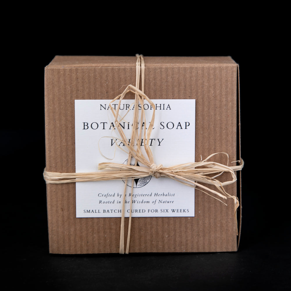 natural cardboard gift box wrapped with a raffia bow, contains a varied assortment of Naturasophia botanical soaps 