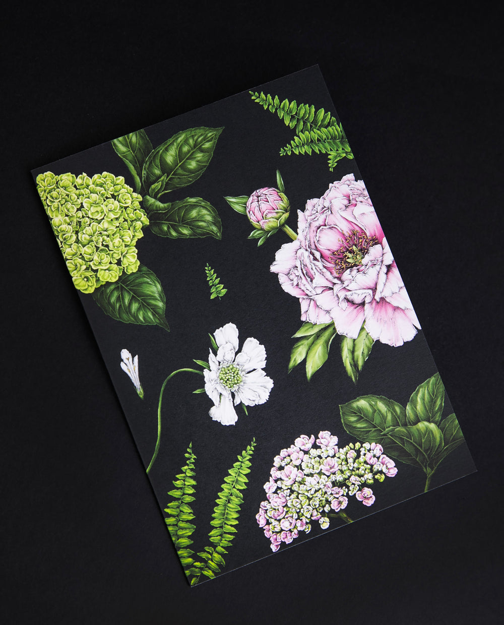 Greeting card featuring illustrations of summer botanicals on a black base