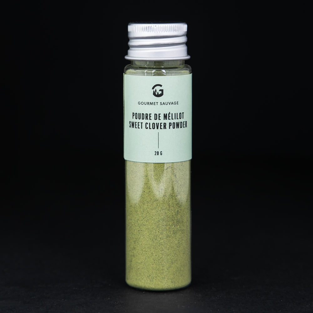 Clear tube of Gourmet Sauvage's sweet clover powder, sitting on black background. The powder is a vibrant green colour.