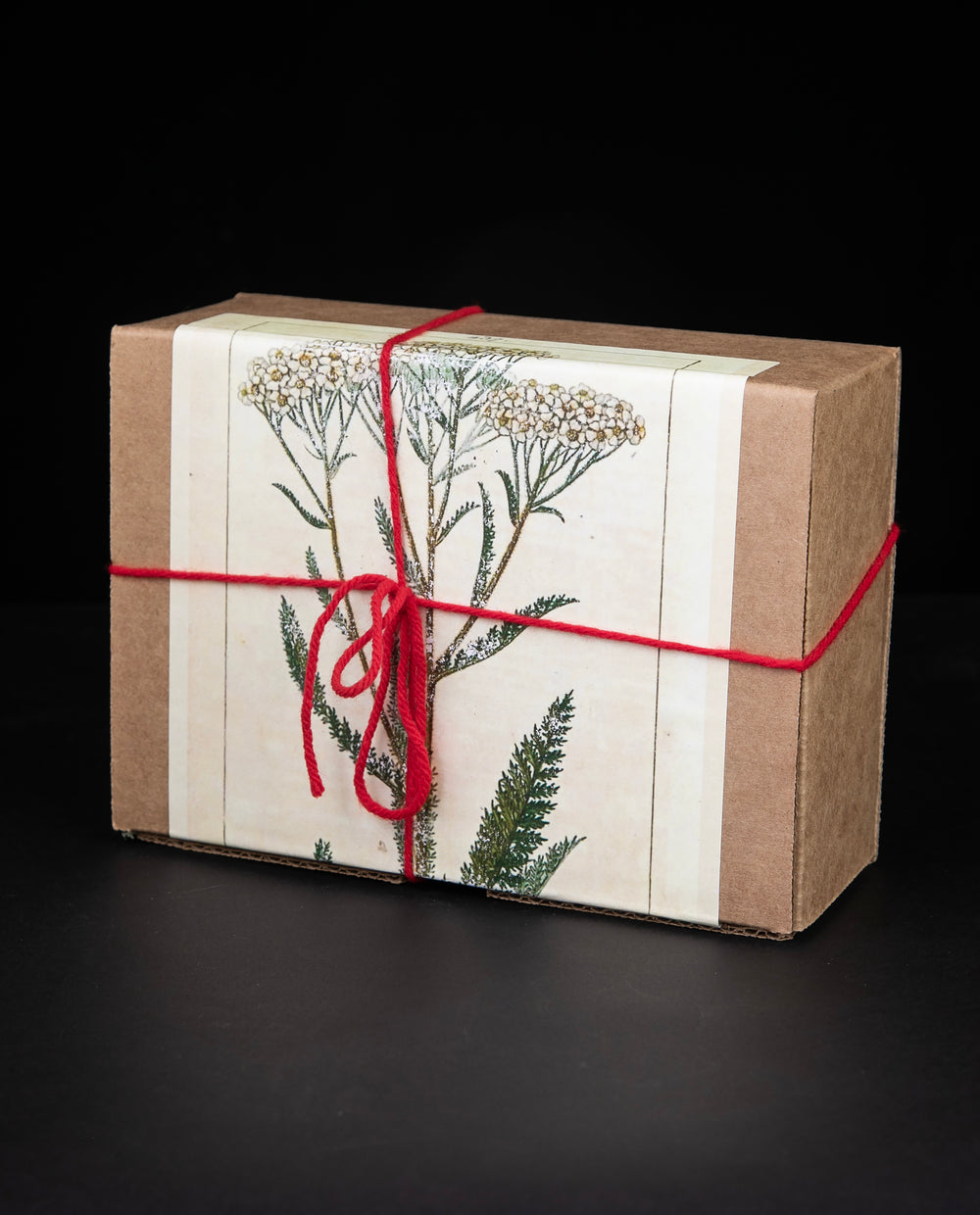 Kraft cardboard tea tasting giftbox featuring illustration of yarrow and a red string bow.