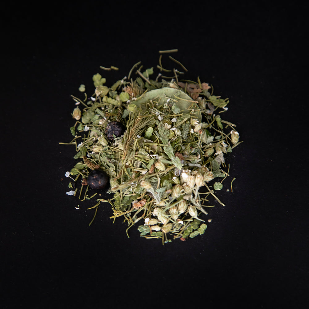 Handful of "Vert Forêt" loose leaf tea on a black background. This forest blend is green and includes visible pieces of spruce tip and juniper berries.