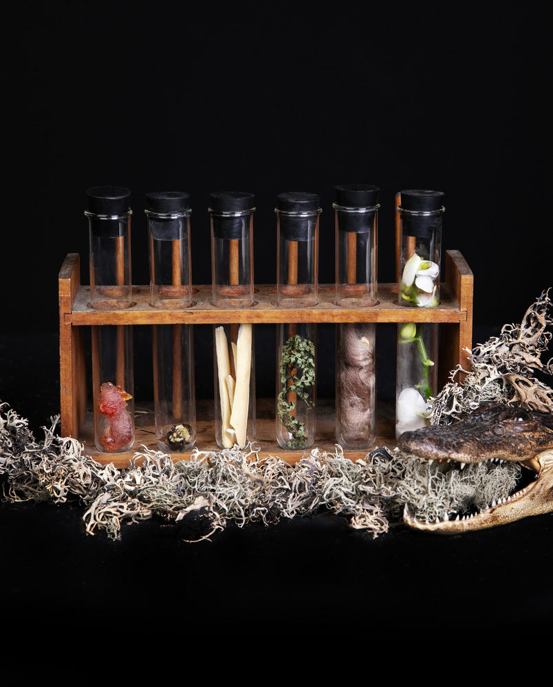 six glass vials in an antique wooden vial holder, each filled with natural materials representing a different olfactory specimen in the "curieux tresors" collection