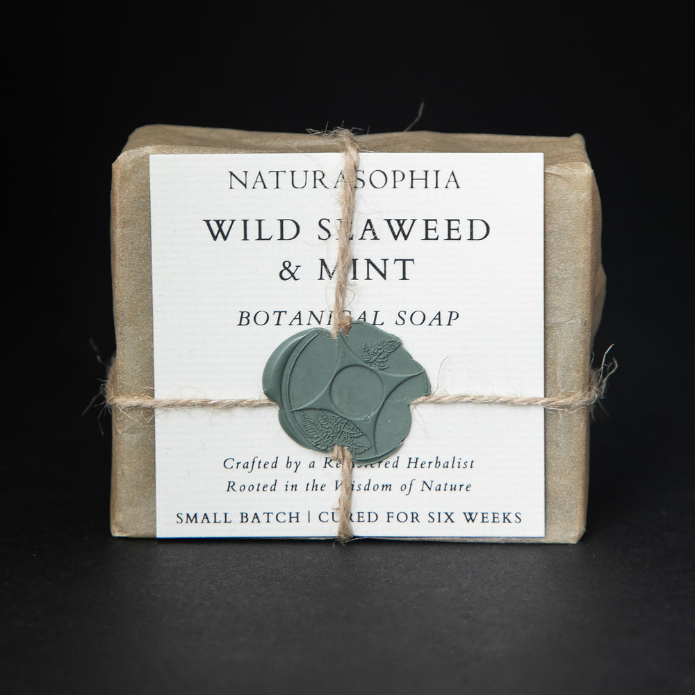 
                      
                        Bar of Naturasophia soap wrapped in brown paper and twine, with a label that reads "Wild Seaweed & Mint". There is a sage green wax stamp holding the label in place.
                      
                    