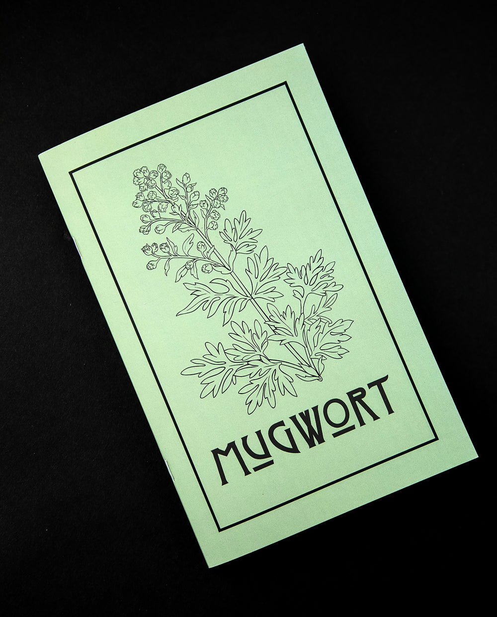 Herbal Revolution's zine about mugwort on black background. The cover is light green, reads 