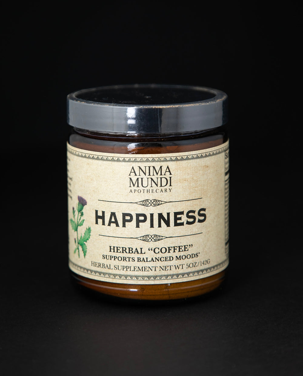 Amber glass jar with tan label reading 'Happiness Herbal 