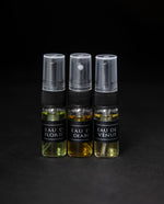 Full sample set of LVNEA's Eau de Cologne collection on black background. Includes Eau de Floride, Eau du Diable and Eau de Venus, each in a 3ml glass spray top bottle. 