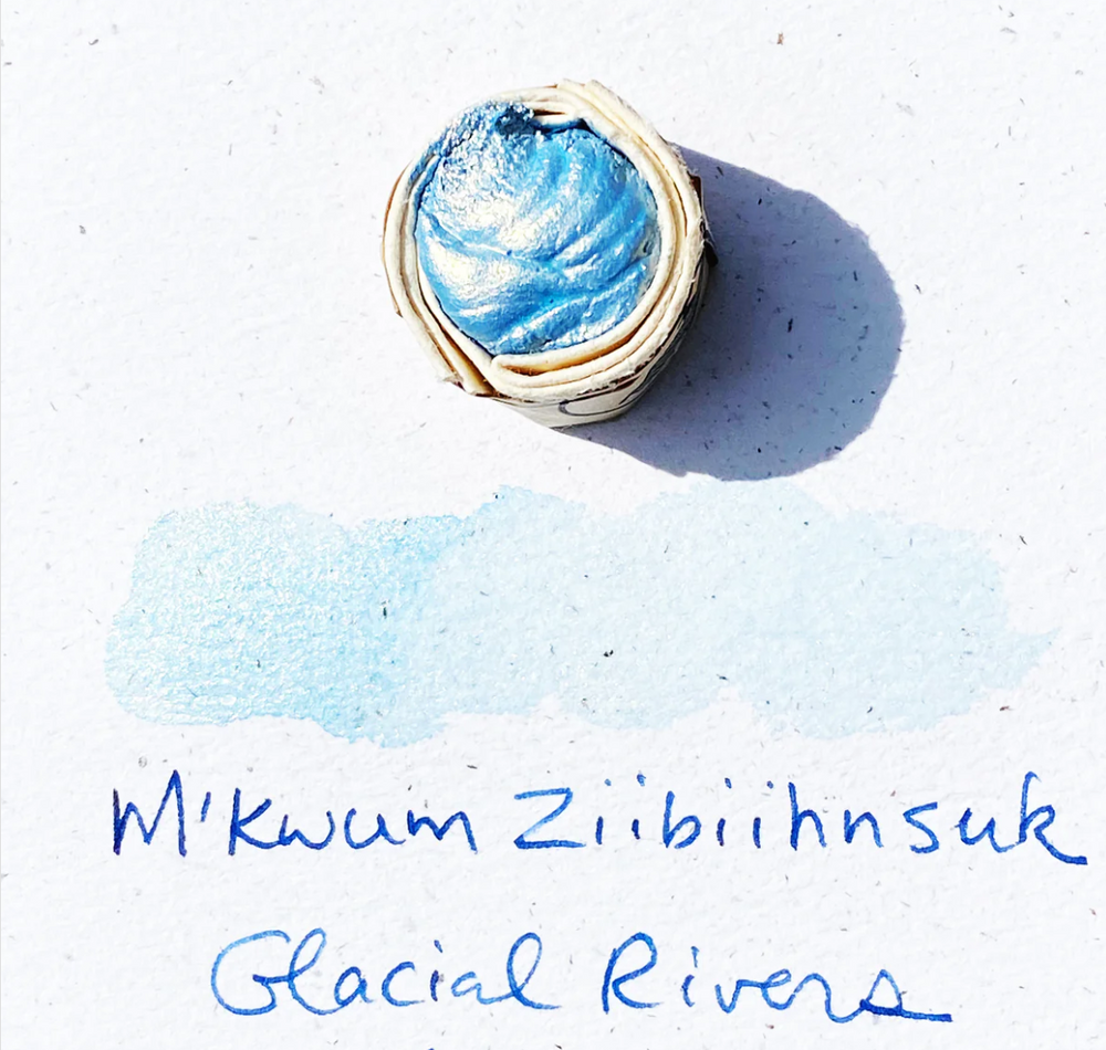 Swatch of Beam Paints' metallic blue "Glacial Rivers" watercolour paintstone.