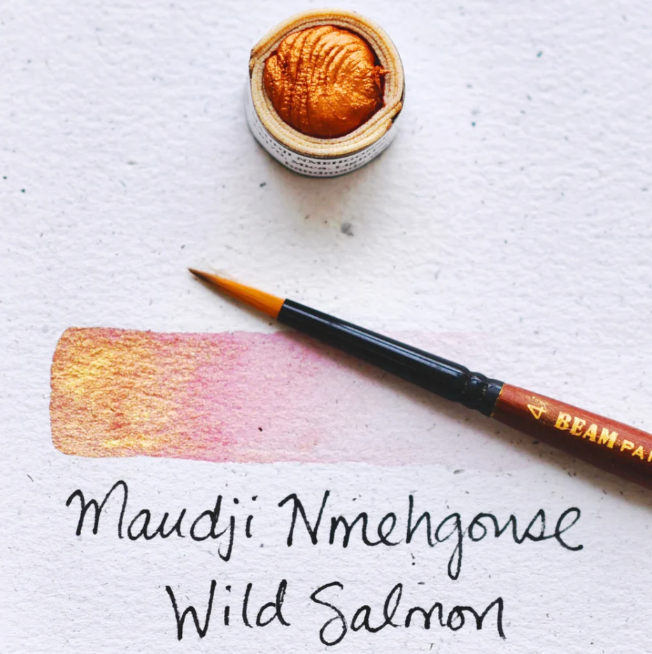 Swatch of Beam Paints' metallic orangey pink coloured "Wild Salmon" watercolour paintstone.